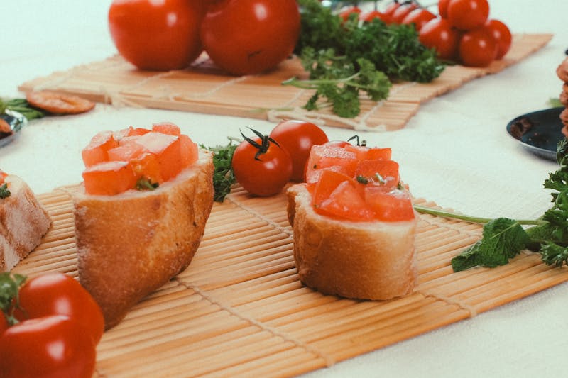 Bruschetta with tomatoes basil and olive oil on toasted bread